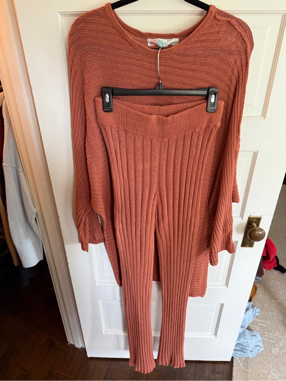 Free People Beach Rust Ribbed Knit Sweater & Pants Set